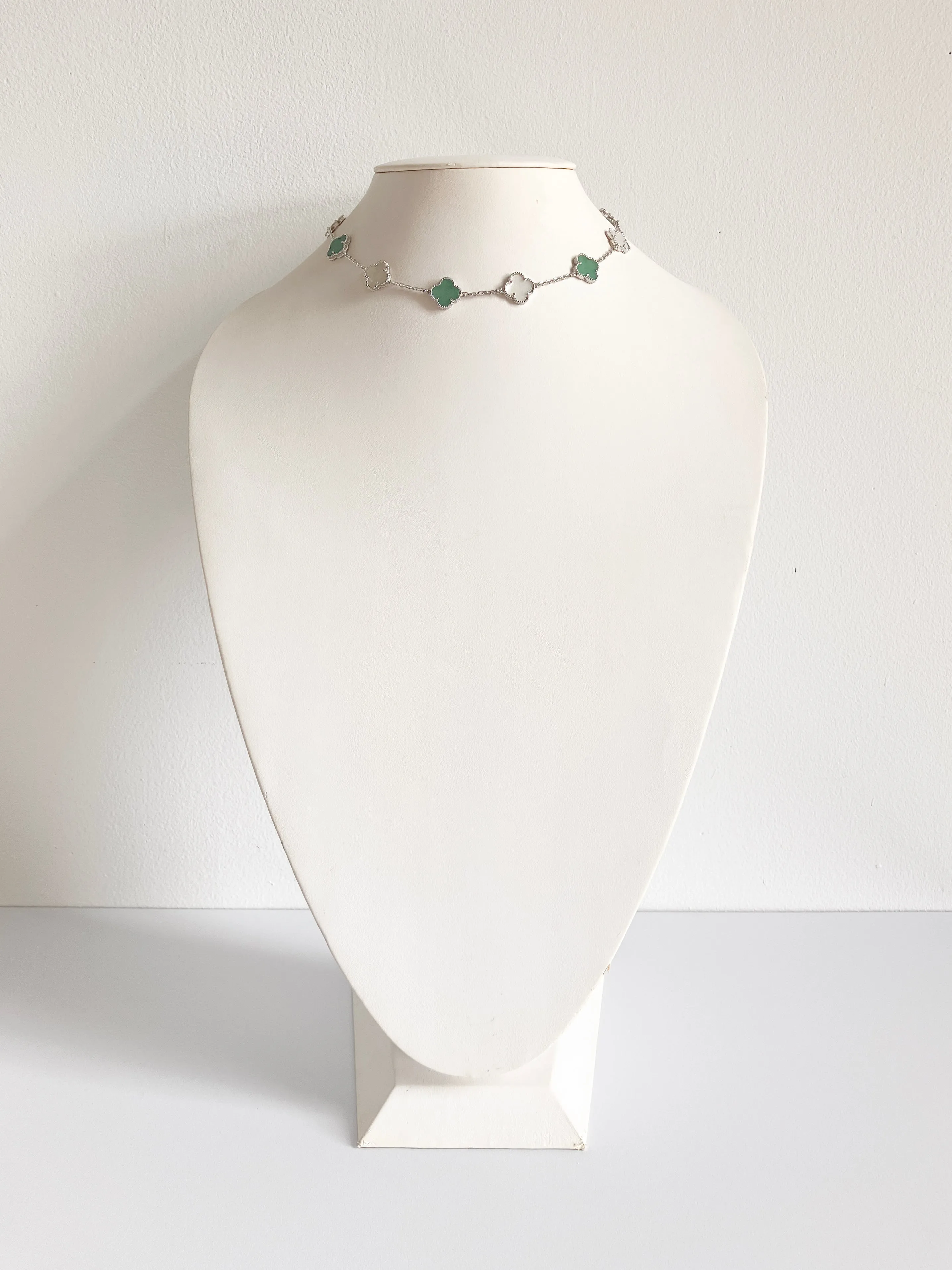 Jade and Mother of Pearl Quatrefoil Necklace in Silver