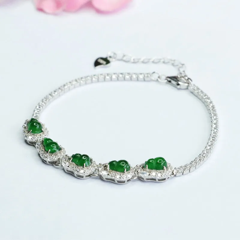 Jade Gourd Ice Seed Emperor Green Sterling Silver Bracelet