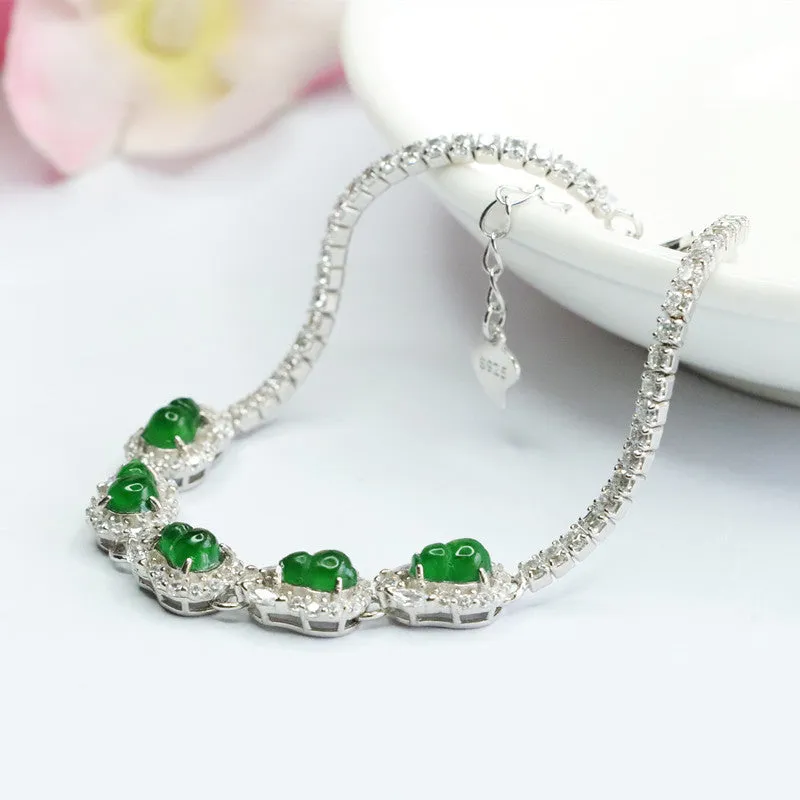 Jade Gourd Ice Seed Emperor Green Sterling Silver Bracelet