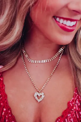 Jeweled Heart Pendent Choker Necklace - Gold/Clear