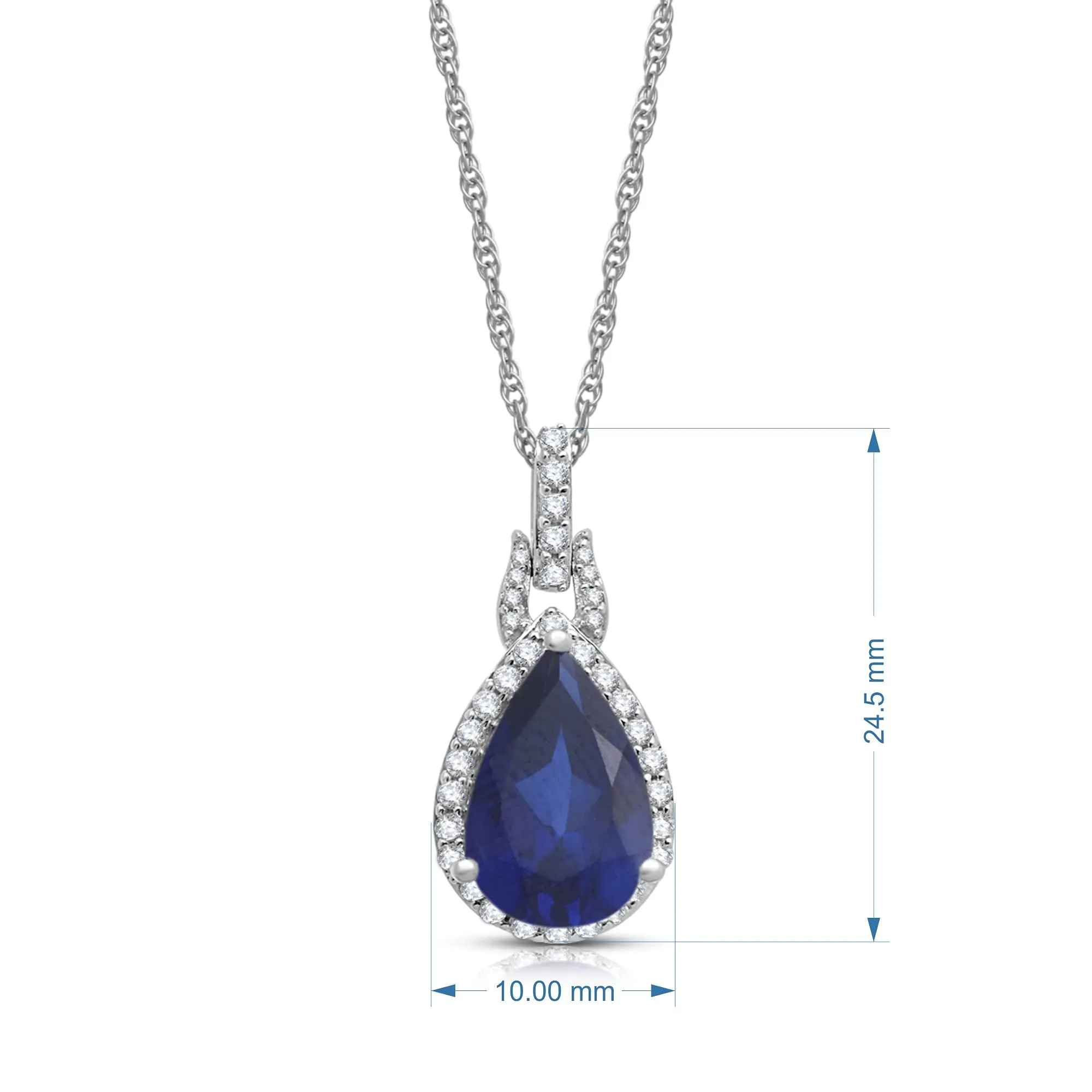 Jewelili 10K White Gold With Created Sapphire and Created White Sapphire with Natural White Diamonds Teardrop Pendant Necklace