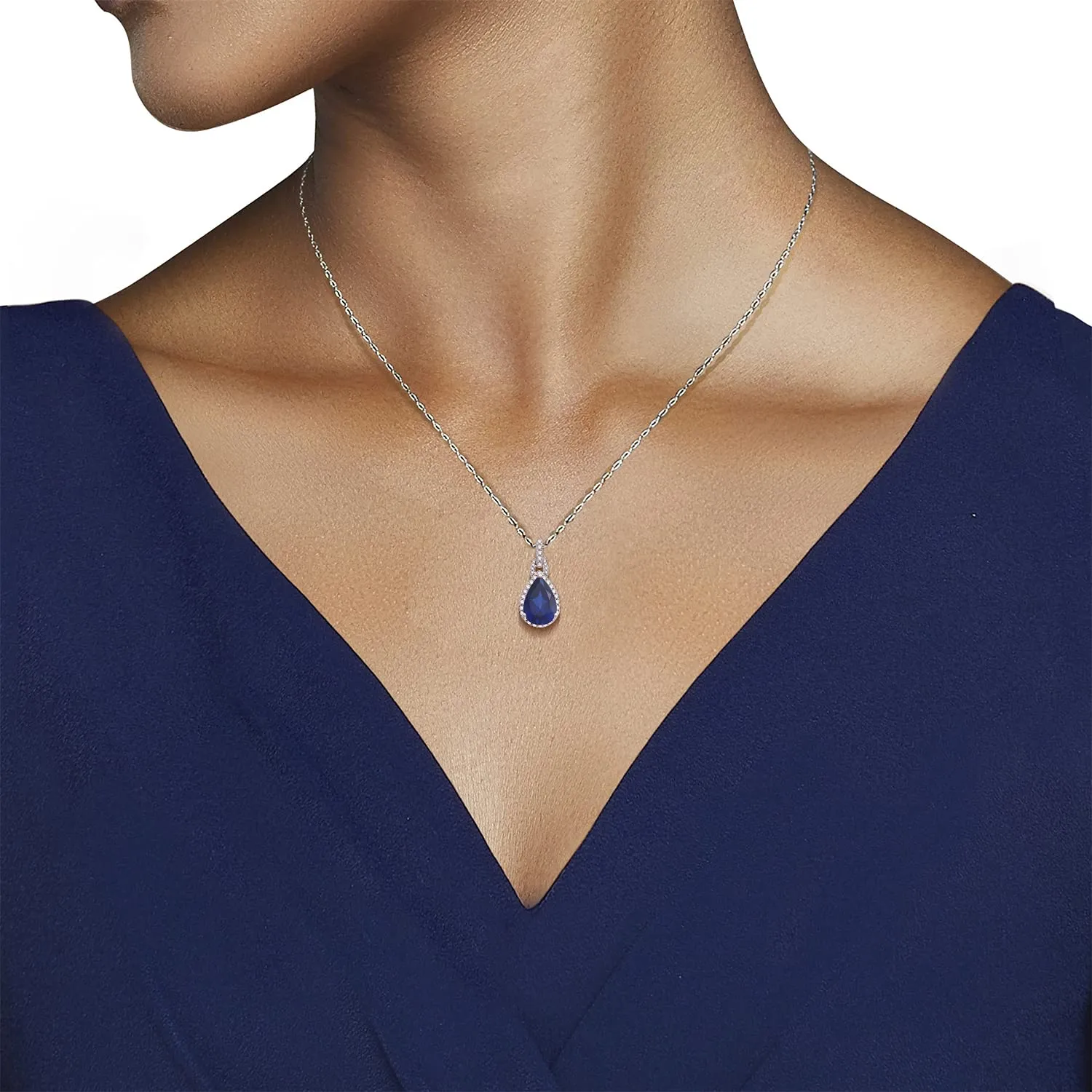 Jewelili 10K White Gold With Created Sapphire and Created White Sapphire with Natural White Diamonds Teardrop Pendant Necklace