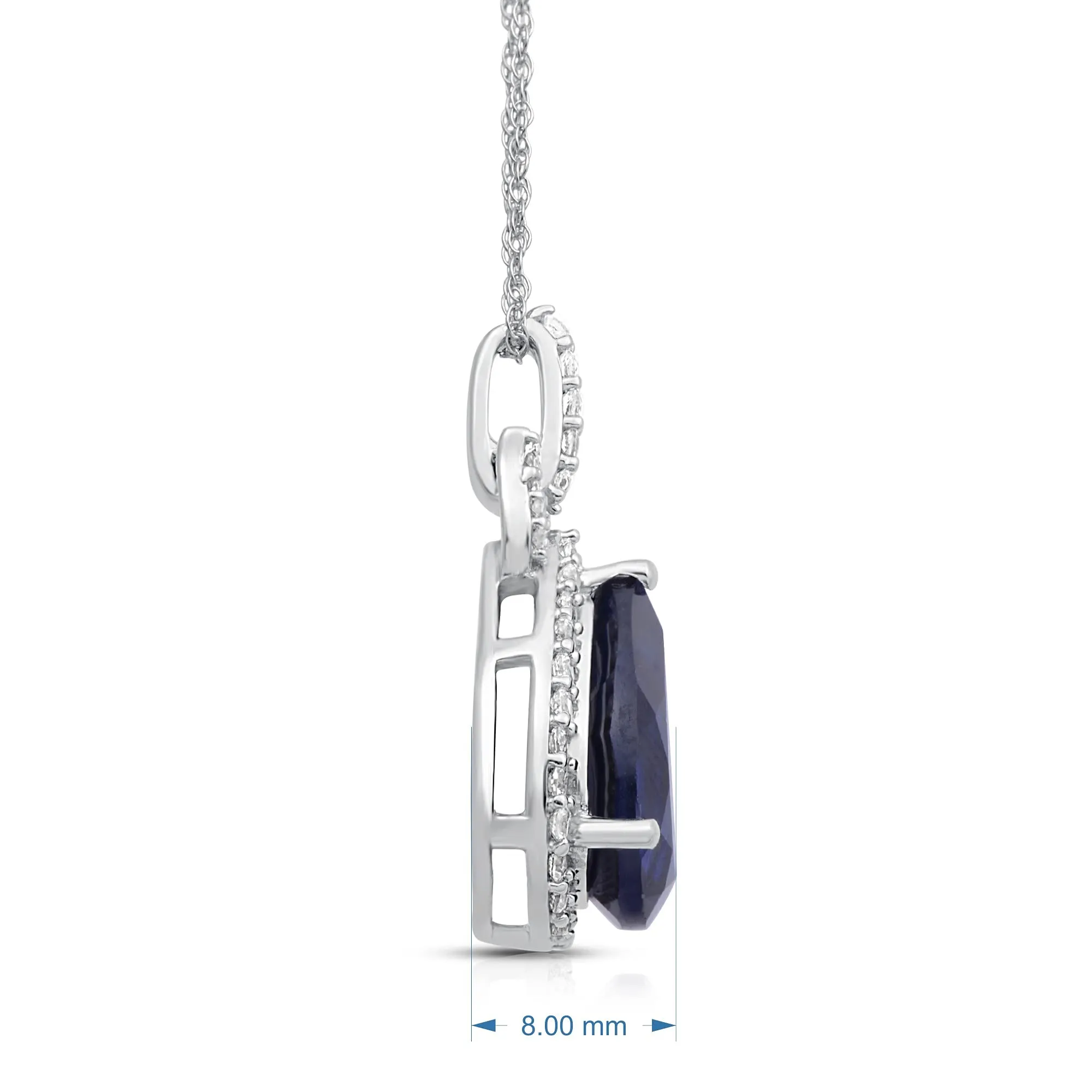 Jewelili 10K White Gold With Created Sapphire and Created White Sapphire with Natural White Diamonds Teardrop Pendant Necklace