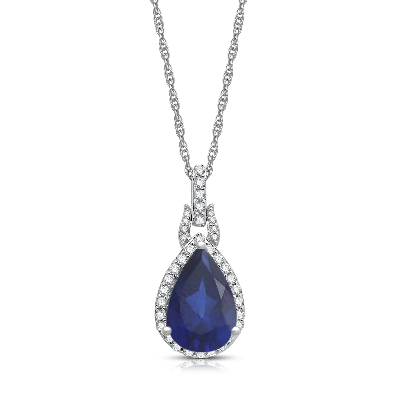 Jewelili 10K White Gold With Created Sapphire and Created White Sapphire with Natural White Diamonds Teardrop Pendant Necklace