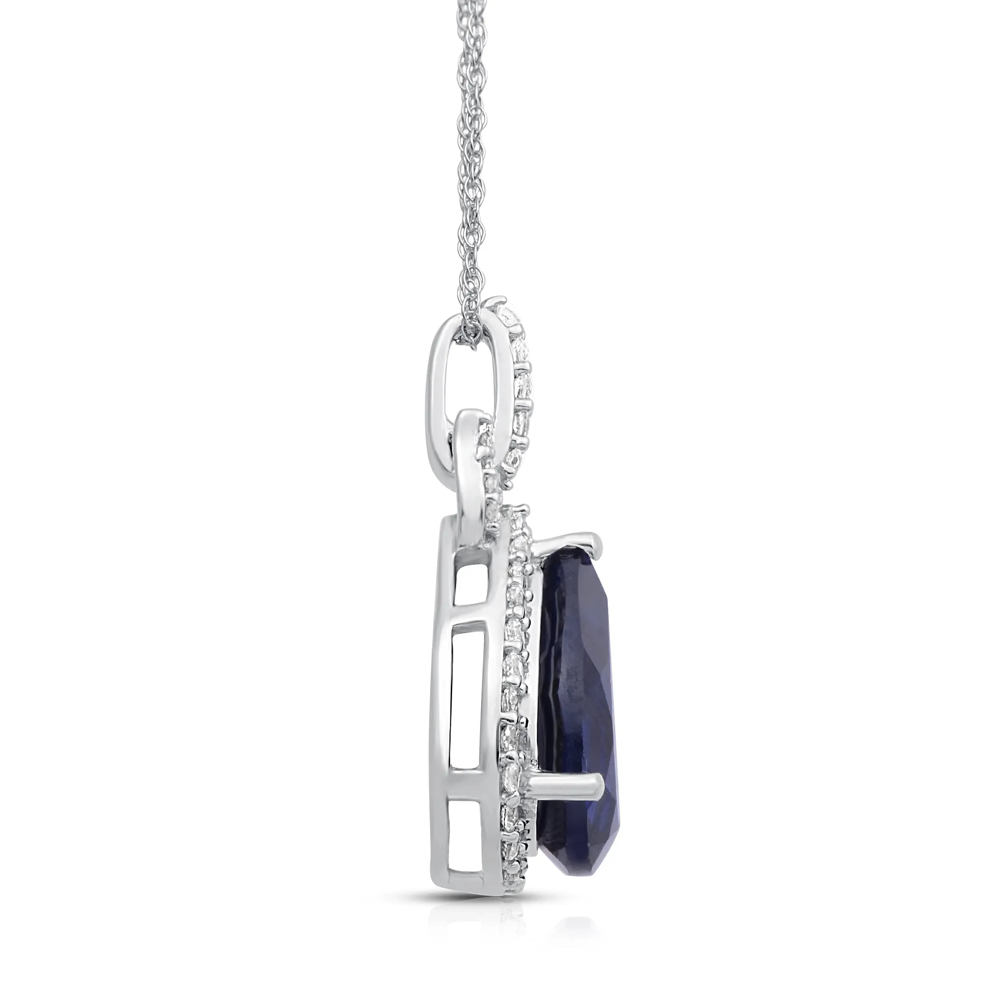 Jewelili 10K White Gold With Created Sapphire and Created White Sapphire with Natural White Diamonds Teardrop Pendant Necklace
