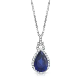 Jewelili 10K White Gold With Created Sapphire and Created White Sapphire with Natural White Diamonds Teardrop Pendant Necklace