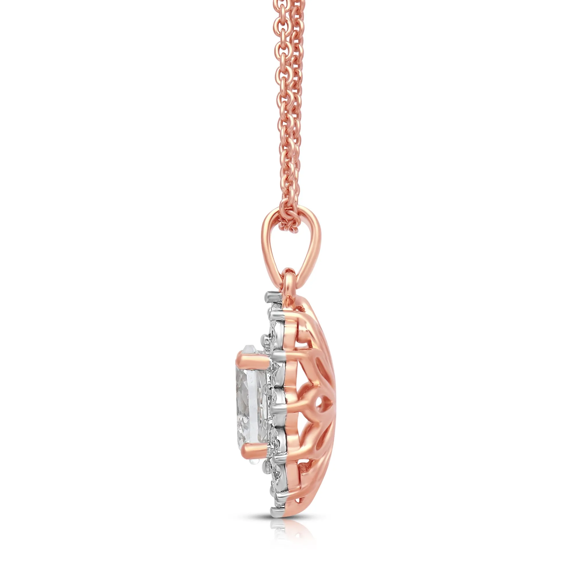 Jewelili 14K Rose Gold over Sterling Silver 7x5 MM Oval Created White Sapphire and 1/20 Cttw Natural White Round Diamond Pendant Necklace