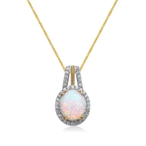 Jewelili 18K Yellow Gold Over Sterling Silver with Created Opal and Created White Sapphire Halo Pendant Necklace
