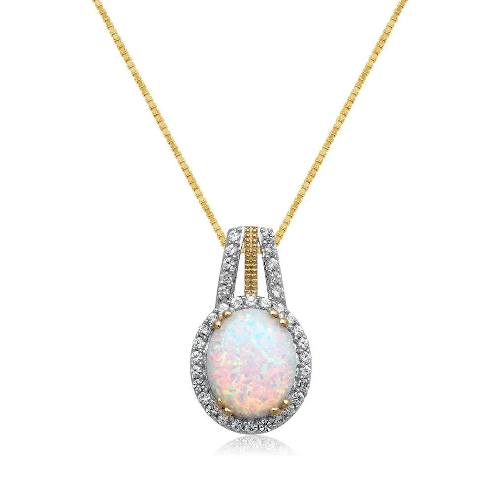Jewelili 18K Yellow Gold Over Sterling Silver with Created Opal and Created White Sapphire Halo Pendant Necklace