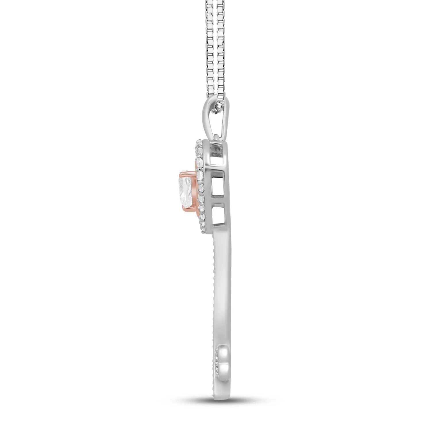 Jewelili Sterling Silver and 10K Rose Gold with Heart and Round Shape Created White Sapphire Key Pendant Necklace