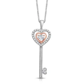 Jewelili Sterling Silver and 10K Rose Gold with Heart and Round Shape Created White Sapphire Key Pendant Necklace