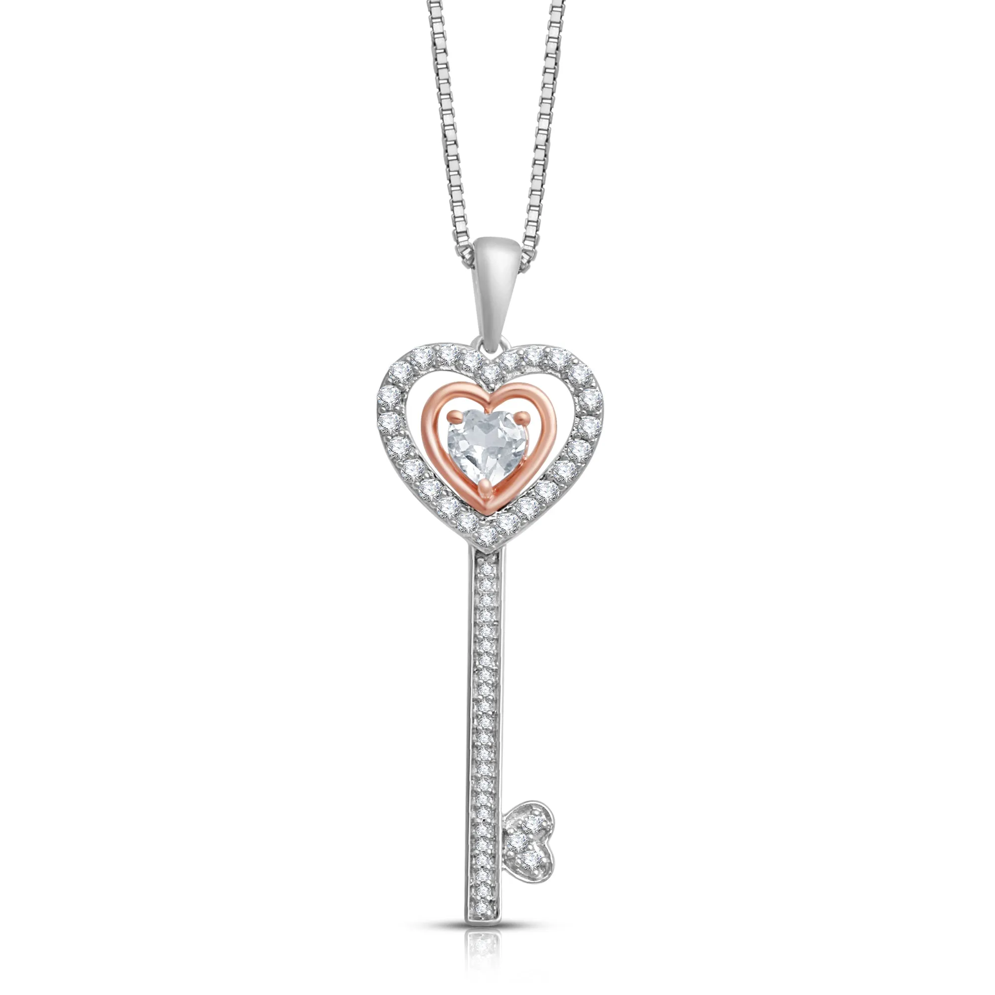 Jewelili Sterling Silver and 10K Rose Gold with Heart and Round Shape Created White Sapphire Key Pendant Necklace