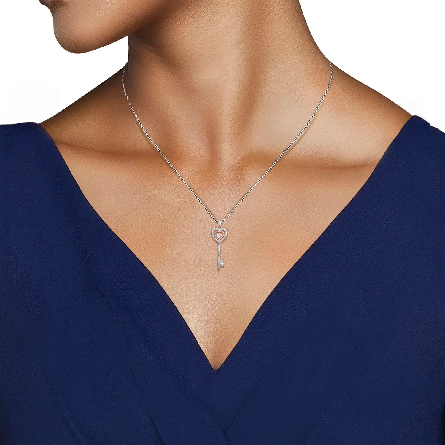 Jewelili Sterling Silver and 10K Rose Gold with Heart and Round Shape Created White Sapphire Key Pendant Necklace