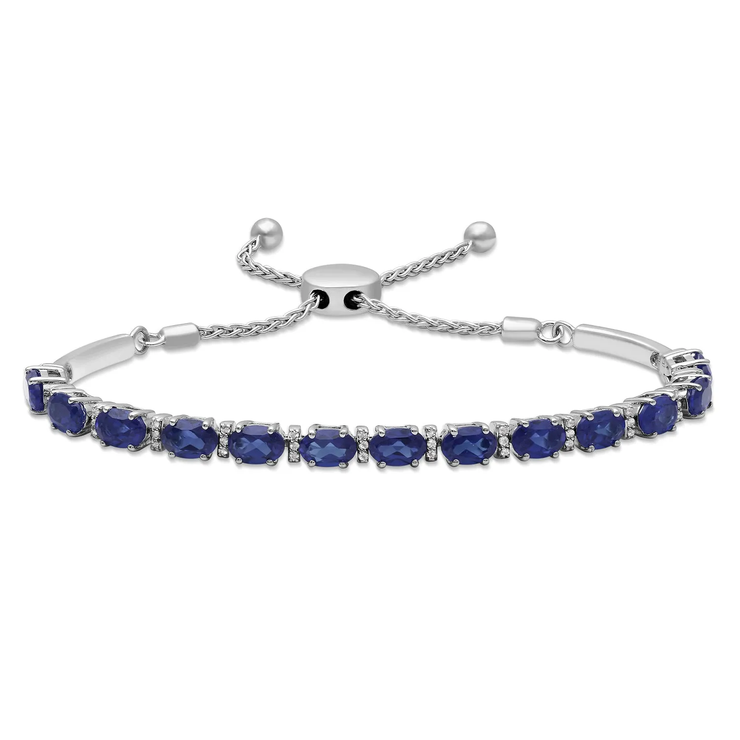 Jewelili Sterling Silver With 6x4mm Oval Created Blue Sapphire and Round White Topaz Bolo Bracelet