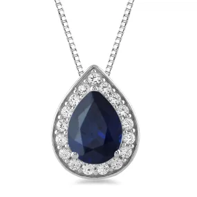 Jewelili Sterling Silver With Created Blue Sapphire and Created White Sapphire Teardrop Pendant Necklace