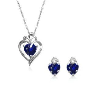 Jewelili Sterling Silver With Created Blue Sapphire and Cubic Zirconia Earrings Pendant Necklace Box Set