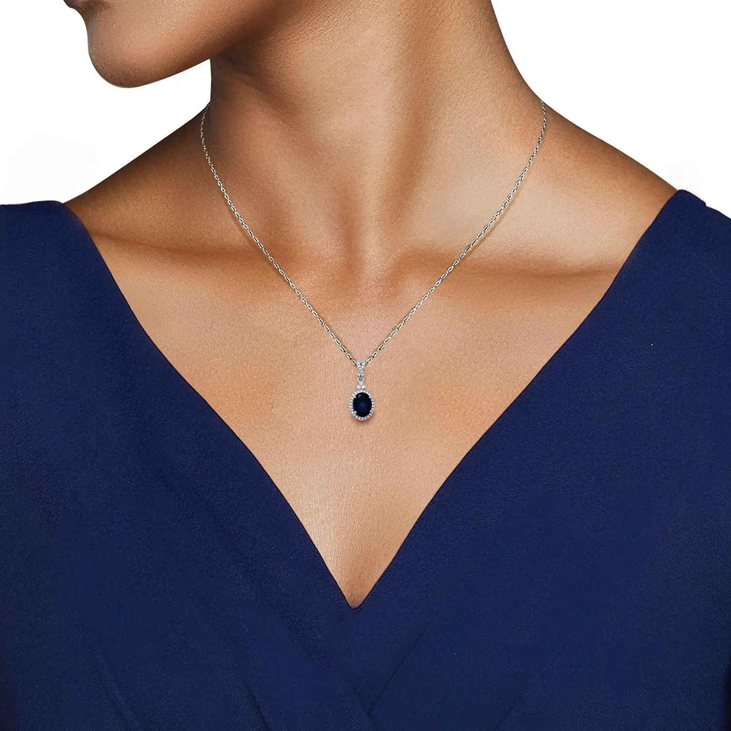 Jewelili Sterling Silver With Created Ceylon Sapphire and Created White Sapphire Pendant Necklace