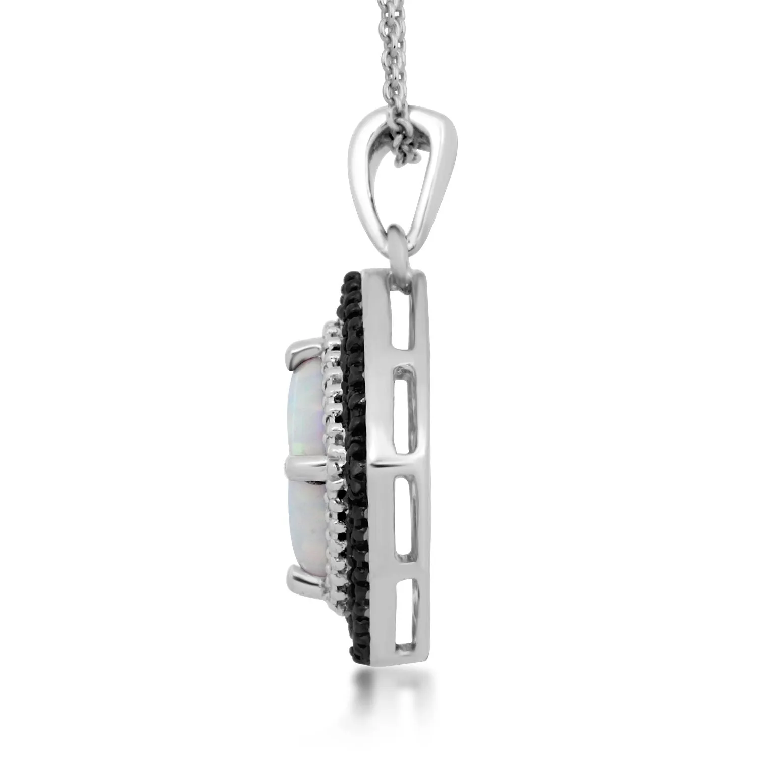 Jewelili Sterling Silver With Created Opal and Black White Diamonds Pendant Necklace