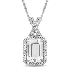 Jewelili Sterling Silver With Octagon Shape and Round Shape Created White Sapphire Pendant Necklace, 18" Rope Chain