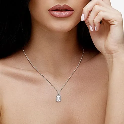 Jewelili Sterling Silver With Octagon Shape and Round Shape Created White Sapphire Pendant Necklace, 18" Rope Chain