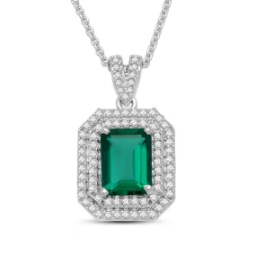 Jewelili Sterling Silver With Octagon Shape Created Emerald and Created White Sapphire Pendant Necklace