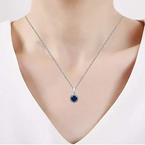 Jewelili Sterling Silver with Round Created Blue Sapphire and Round Cubic Zirconia Pendant Necklace