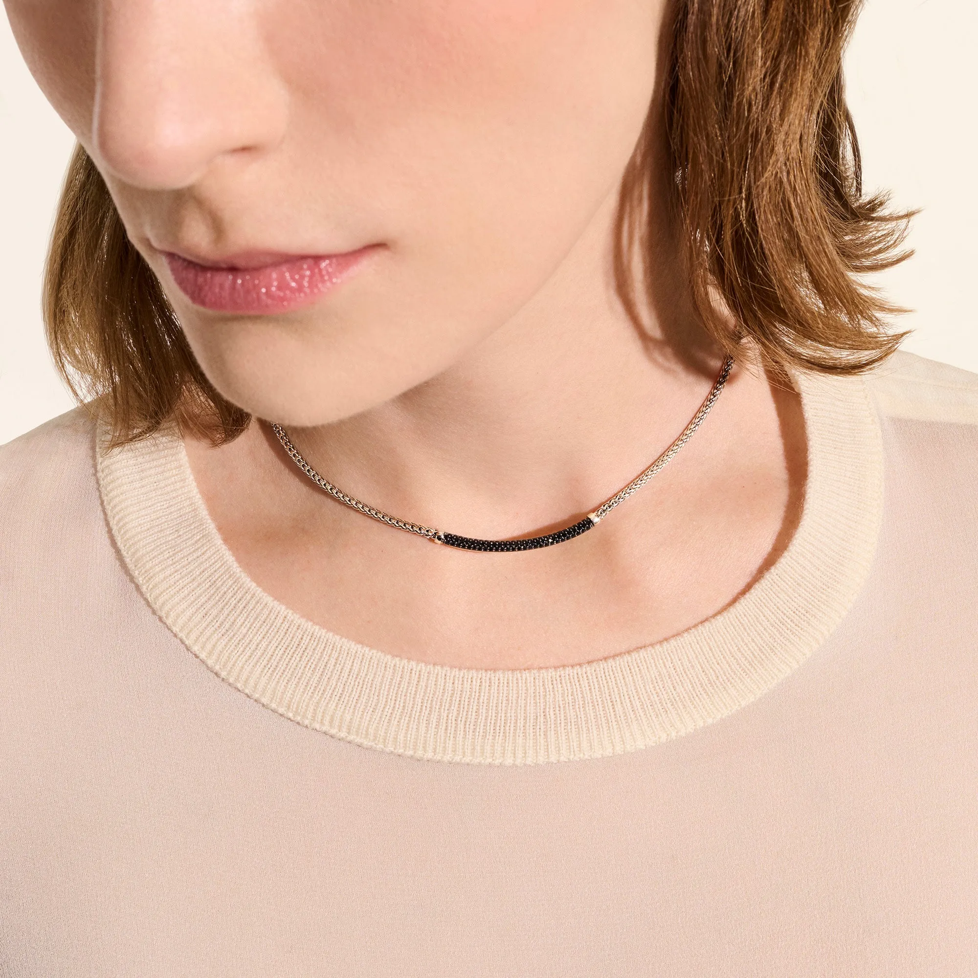 JOHN HARDY ESSENTIAL STERLING SILVER PAVE BLACK SAPPHIRE BAR NECKLACE