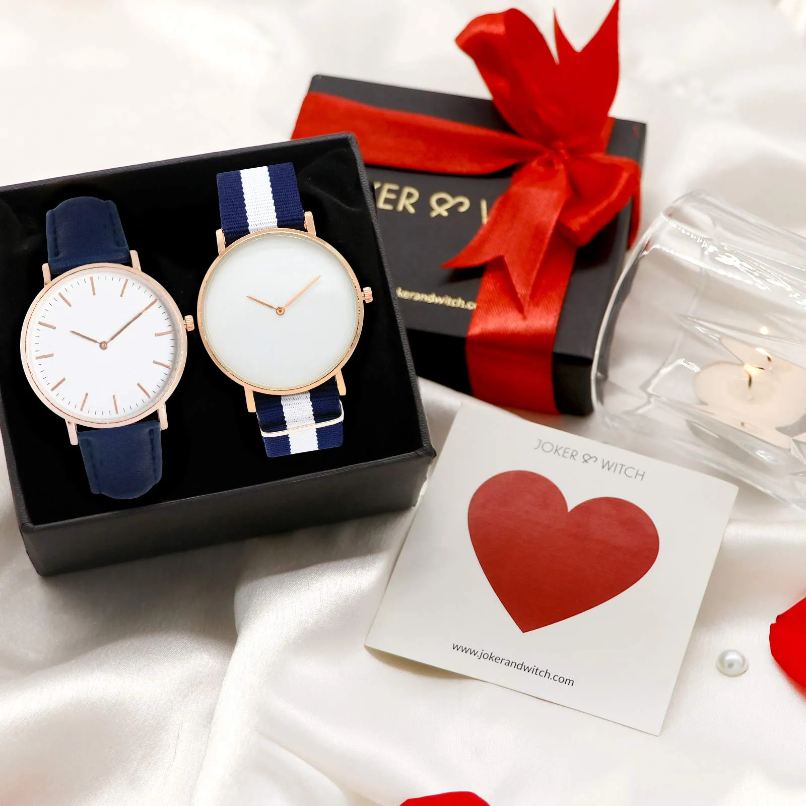 Joker & Witch Stainless Steel Olly & Maddy Couple Analogue Watches, White Dial, Black Band