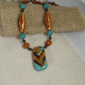 Kazuri Pendant Bead Necklace in Peacock and Gold  Fair Trade Beads