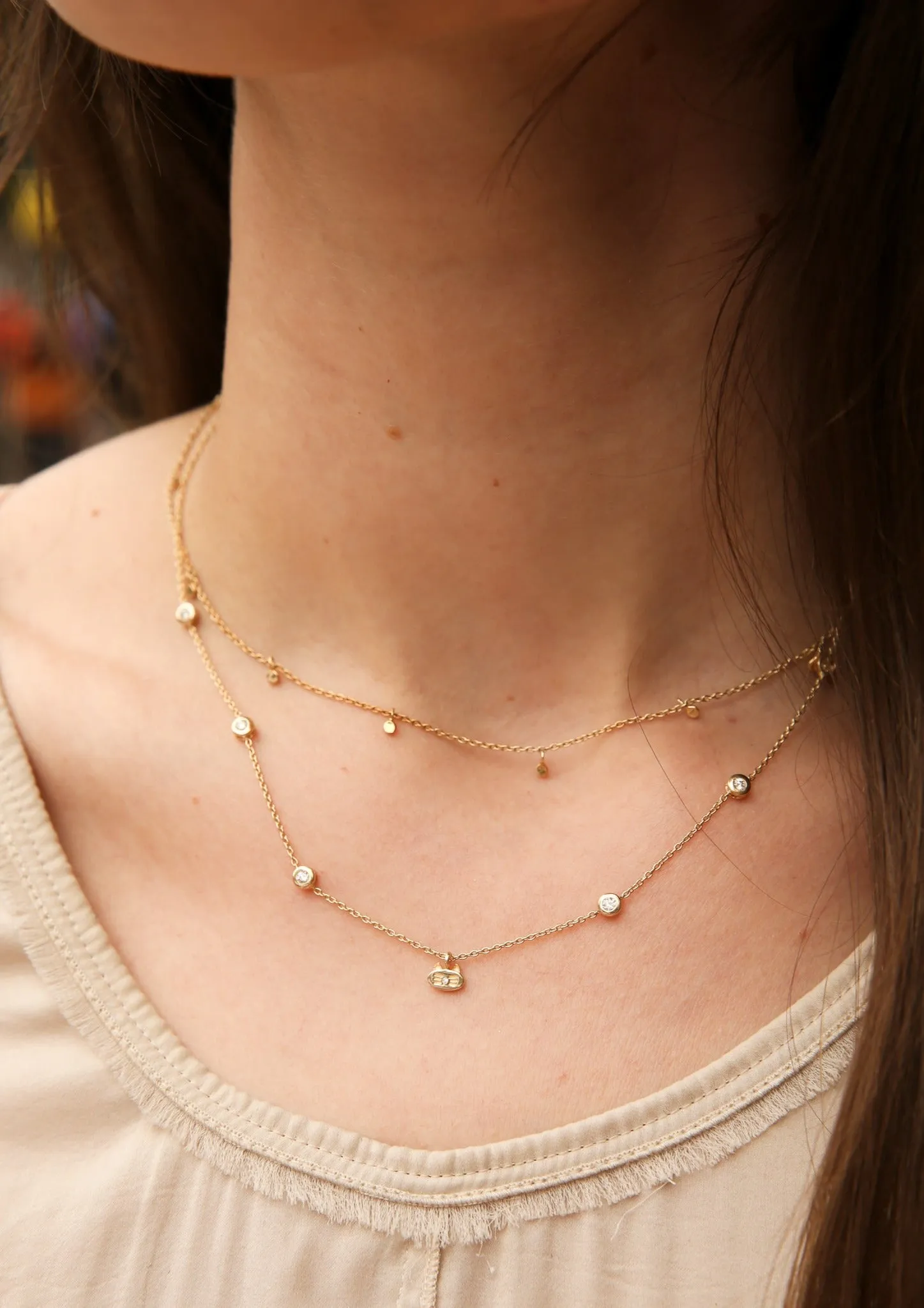 Kitty Charm and Gemstone Bezel Station Necklace