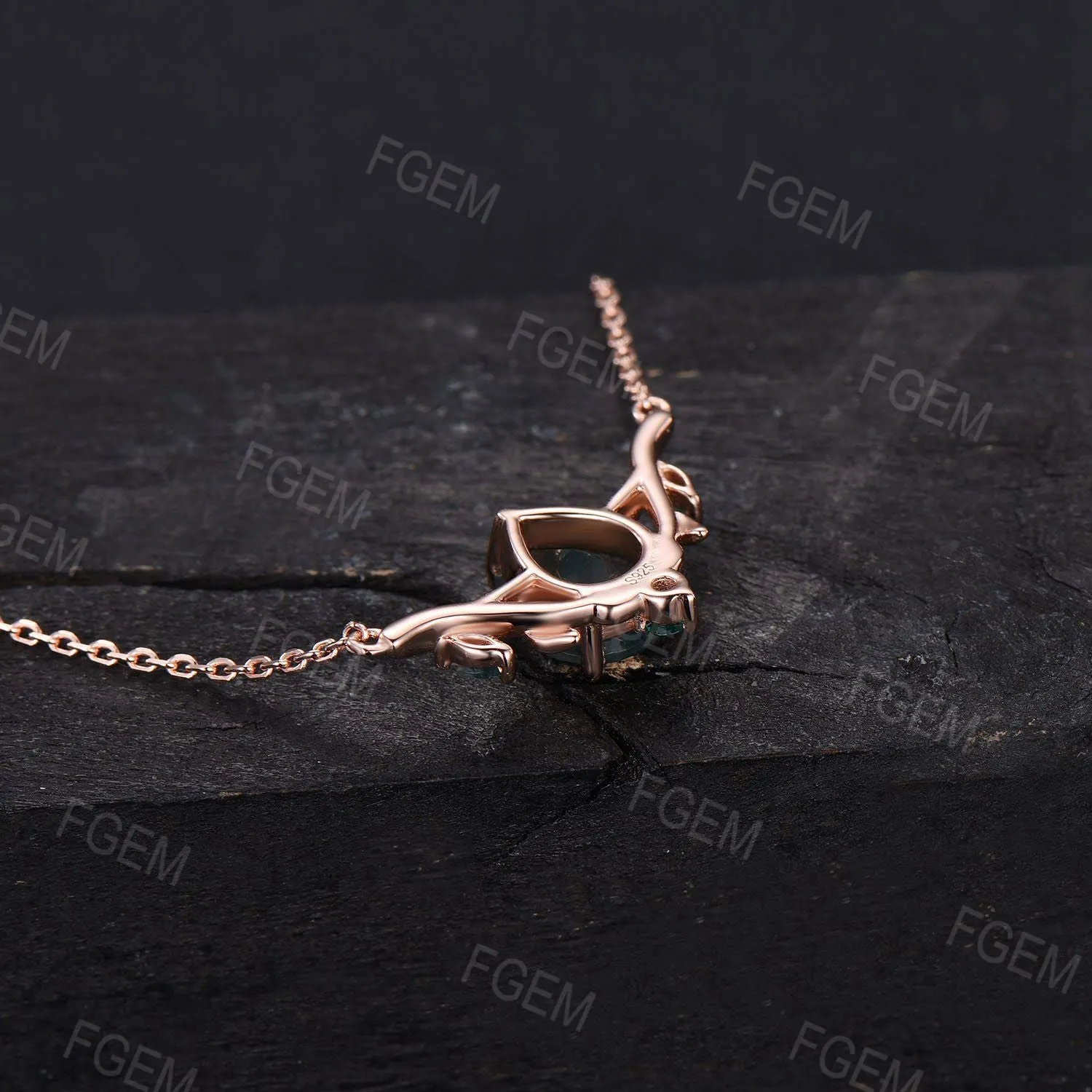 Lab Green Sapphire Necklace Pear Shaped Teal Sapphire Pendant Nature Inspired Leaf Branch Moss Agate Emerald Necklace Wedding Gifts for Her
