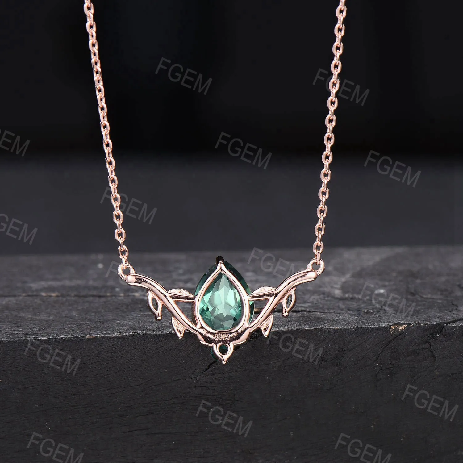 Lab Green Sapphire Necklace Pear Shaped Teal Sapphire Pendant Nature Inspired Leaf Branch Moss Agate Emerald Necklace Wedding Gifts for Her