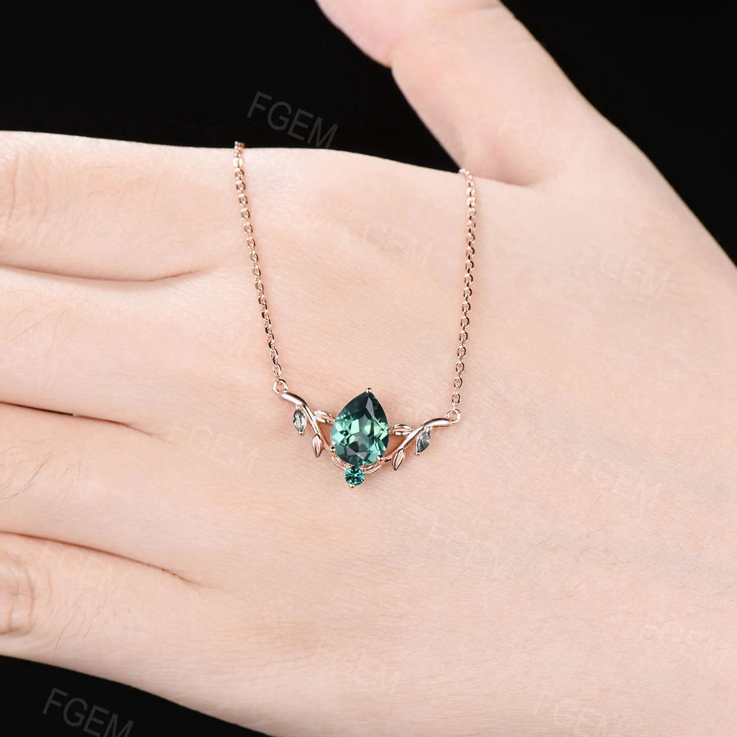Lab Green Sapphire Necklace Pear Shaped Teal Sapphire Pendant Nature Inspired Leaf Branch Moss Agate Emerald Necklace Wedding Gifts for Her