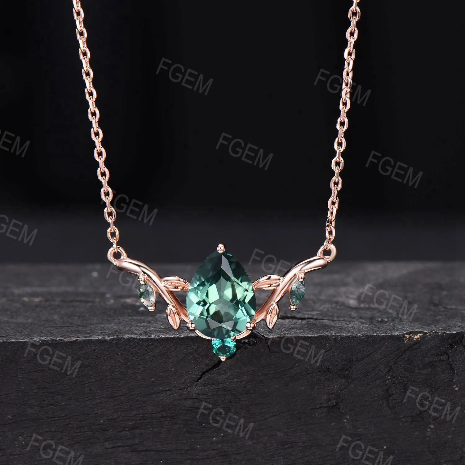 Lab Green Sapphire Necklace Pear Shaped Teal Sapphire Pendant Nature Inspired Leaf Branch Moss Agate Emerald Necklace Wedding Gifts for Her