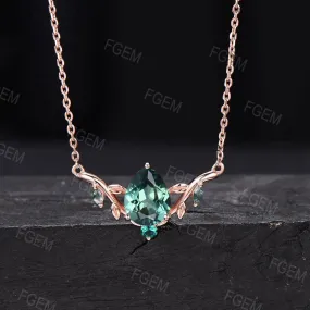 Lab Green Sapphire Necklace Pear Shaped Teal Sapphire Pendant Nature Inspired Leaf Branch Moss Agate Emerald Necklace Wedding Gifts for Her