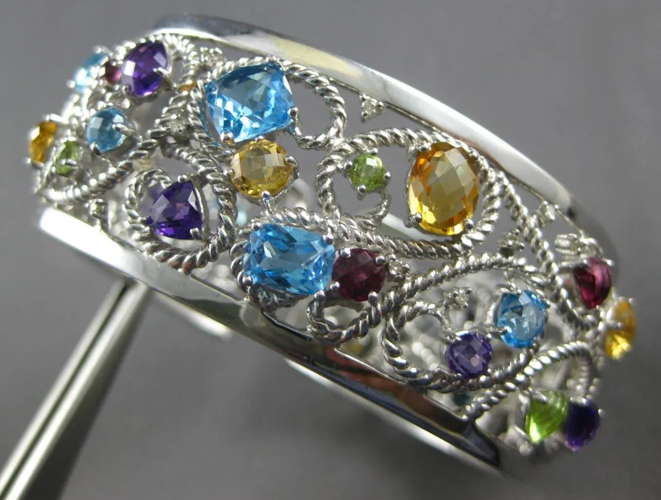 LARGE 22.07CT DIAMOND & MULTI GEM 14KT WHITE GOLD FILIGREE CUFF BANGLE BRACELET