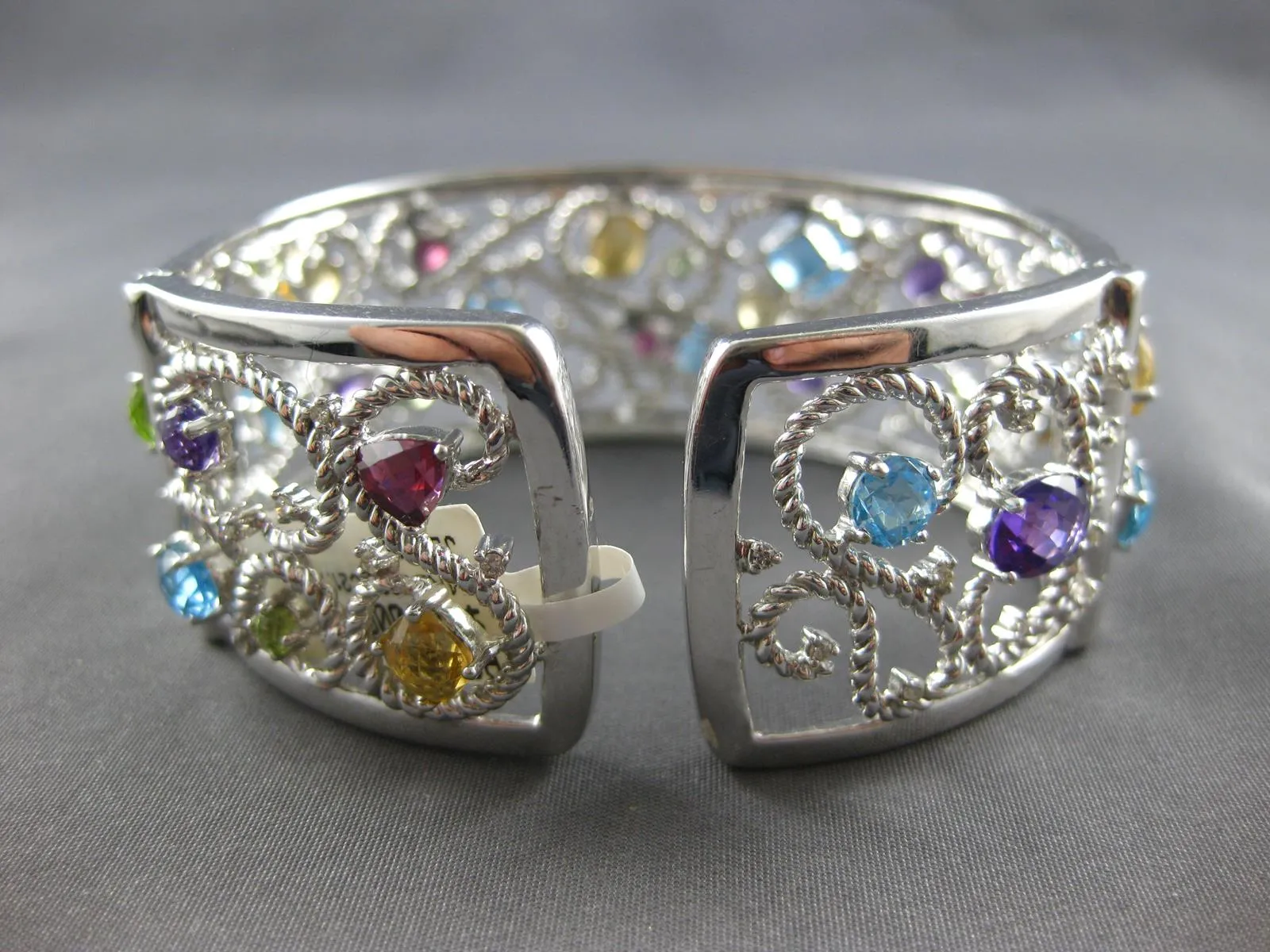 LARGE 22.07CT DIAMOND & MULTI GEM 14KT WHITE GOLD FILIGREE CUFF BANGLE BRACELET