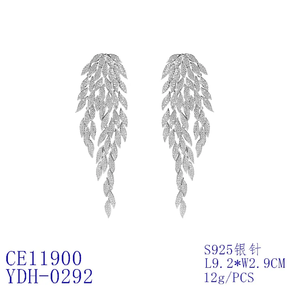 Long Cubic Zircon Leaves Popular Earrings, Drop Crystals Earring for Bride, Women Girl Birthday Party Jewelry CE11900