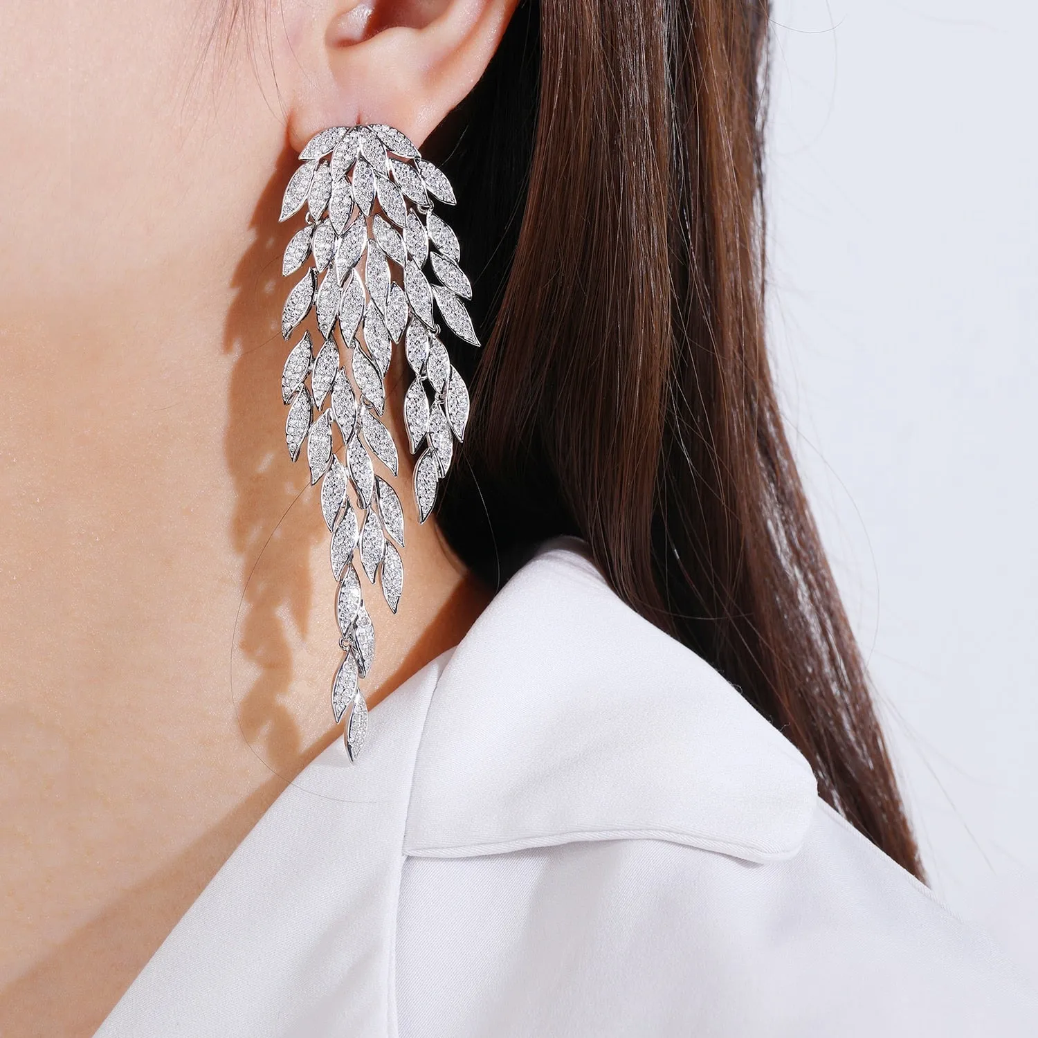 Long Cubic Zircon Leaves Popular Earrings, Drop Crystals Earring for Bride, Women Girl Birthday Party Jewelry CE11900