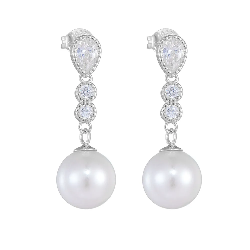 Long Style Zircon Round Pearl Sterling Silver Drop Earrings