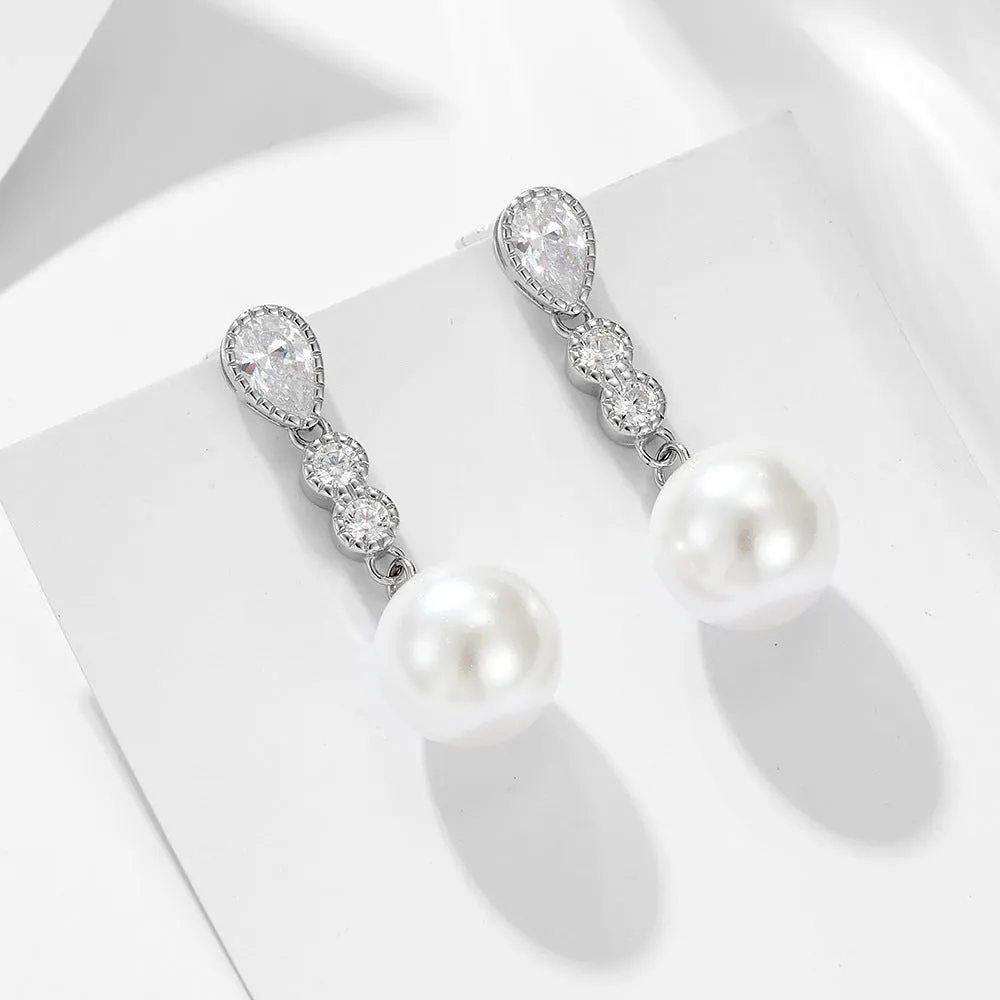 Long Style Zircon Round Pearl Sterling Silver Drop Earrings
