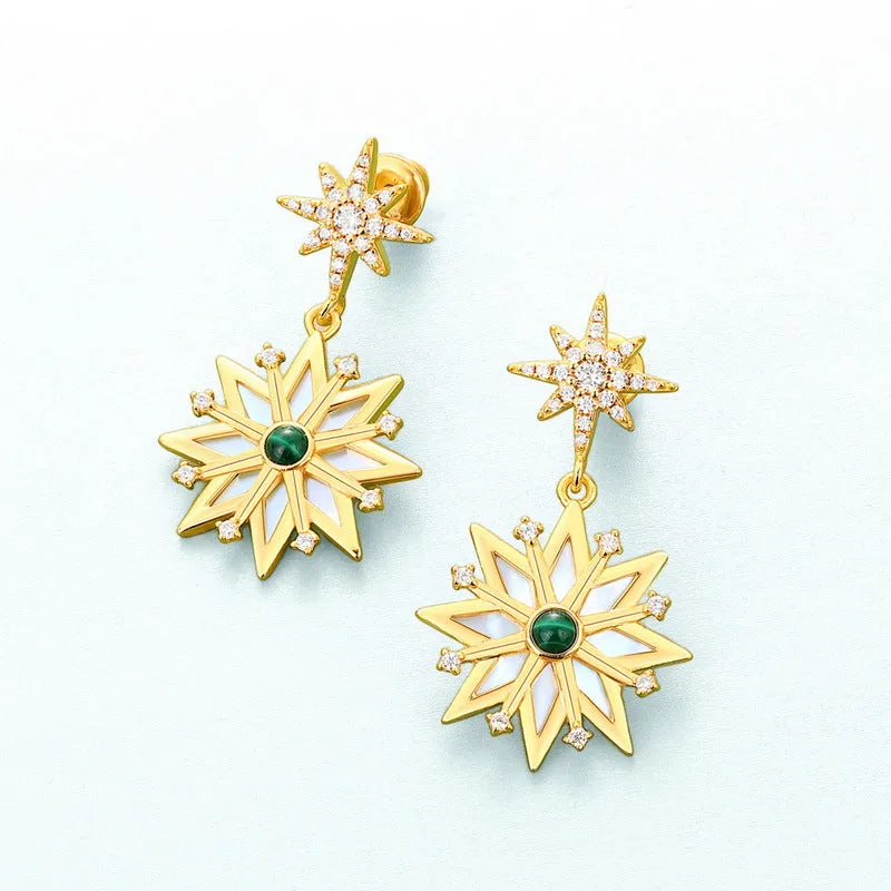 Malachite Mother of Pearl Snowflake Pendant Zircon Sterling Silver Drop Earrings