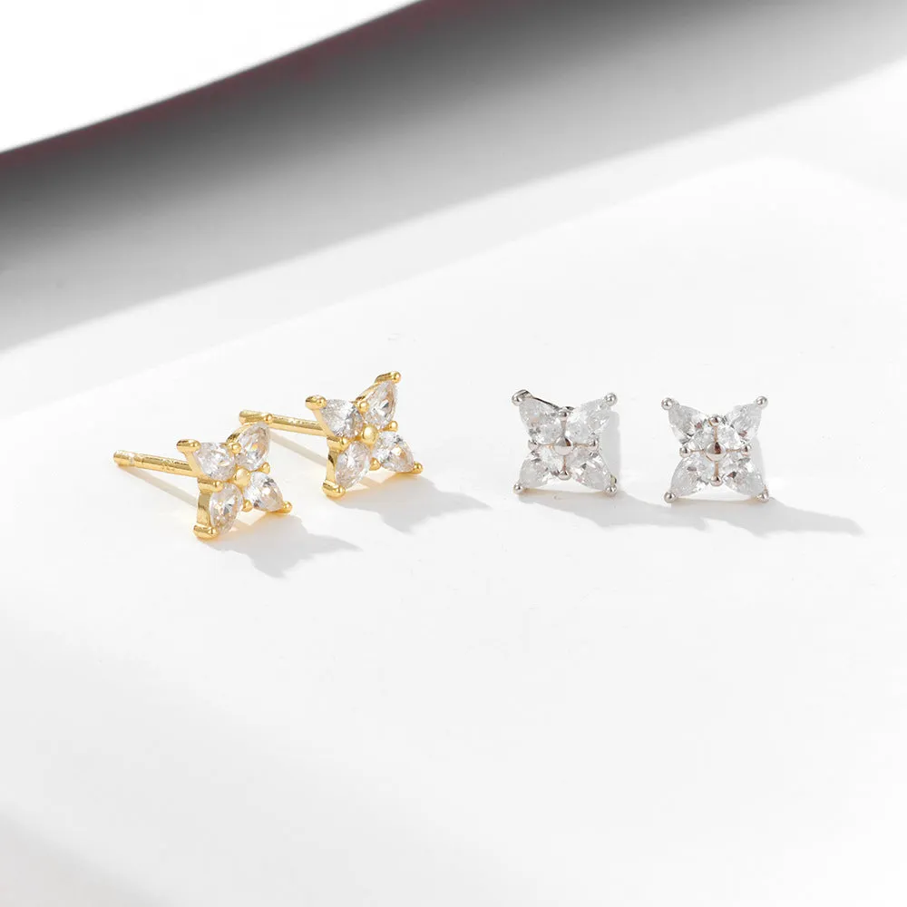 Marquise Shape Zircon Four Leaf Clover Silver Stud Earrings