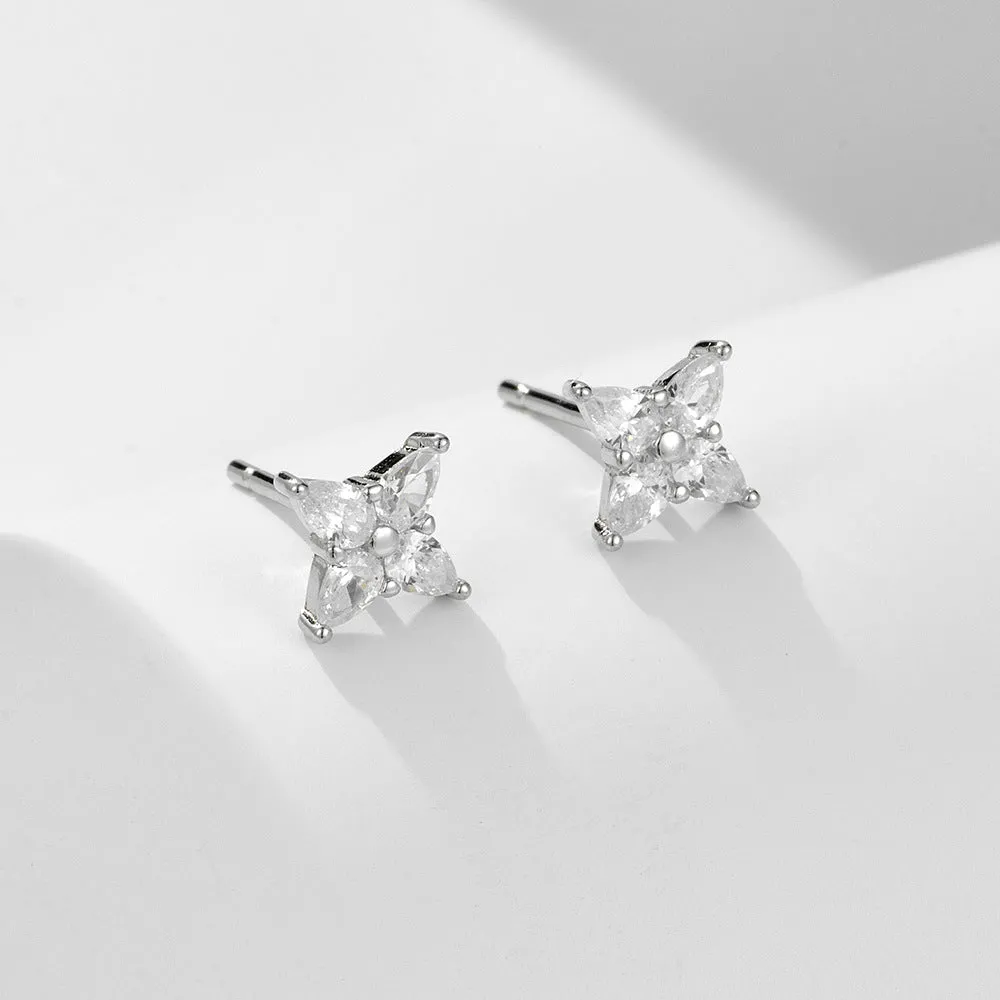 Marquise Shape Zircon Four Leaf Clover Silver Stud Earrings
