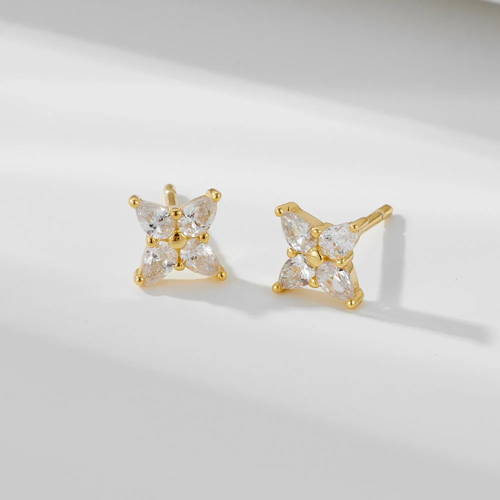 Marquise Shape Zircon Four Leaf Clover Silver Stud Earrings