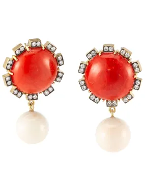 Mediterranean Coral Diamond and Pearl Earrings