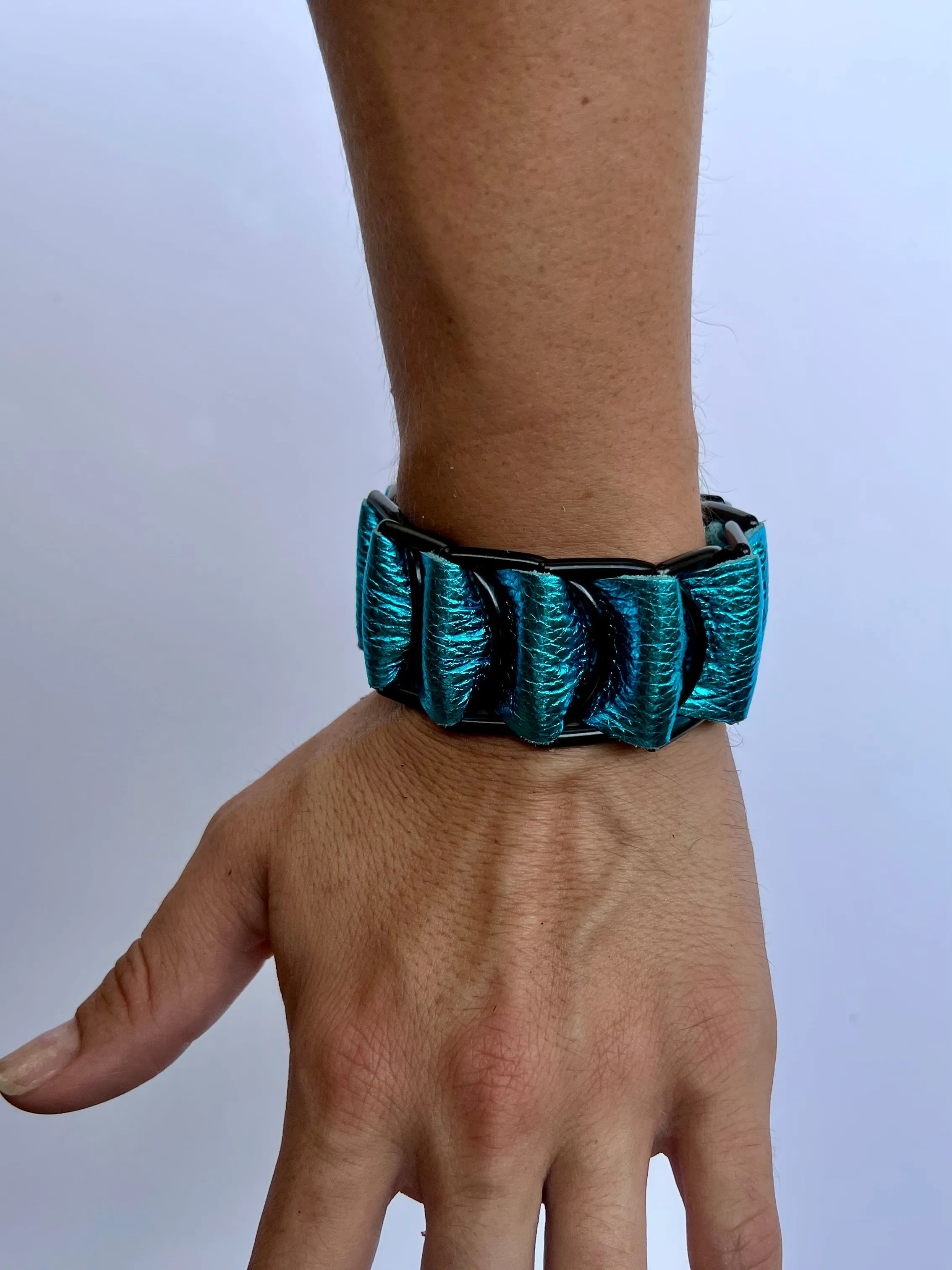 Metallic Turquoise Leather Woven Cuff