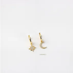 Mismatched Star Moon CZ Drop Hoop Earrings, Huggies, Gold, Silver SHEMISLI SH111