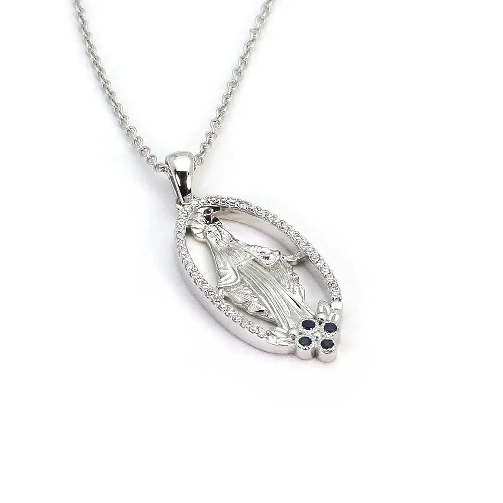 Mother Mary Halo Pendant with Lab Grown Diamonds and Natural Sapphires in 18K Gold