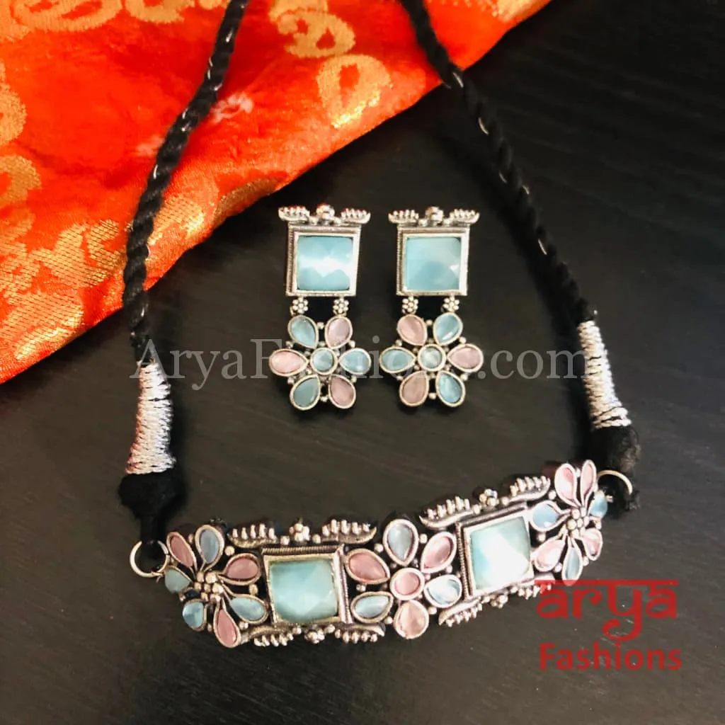 Multicolor Handcarved stone Silver Oxidized Choker